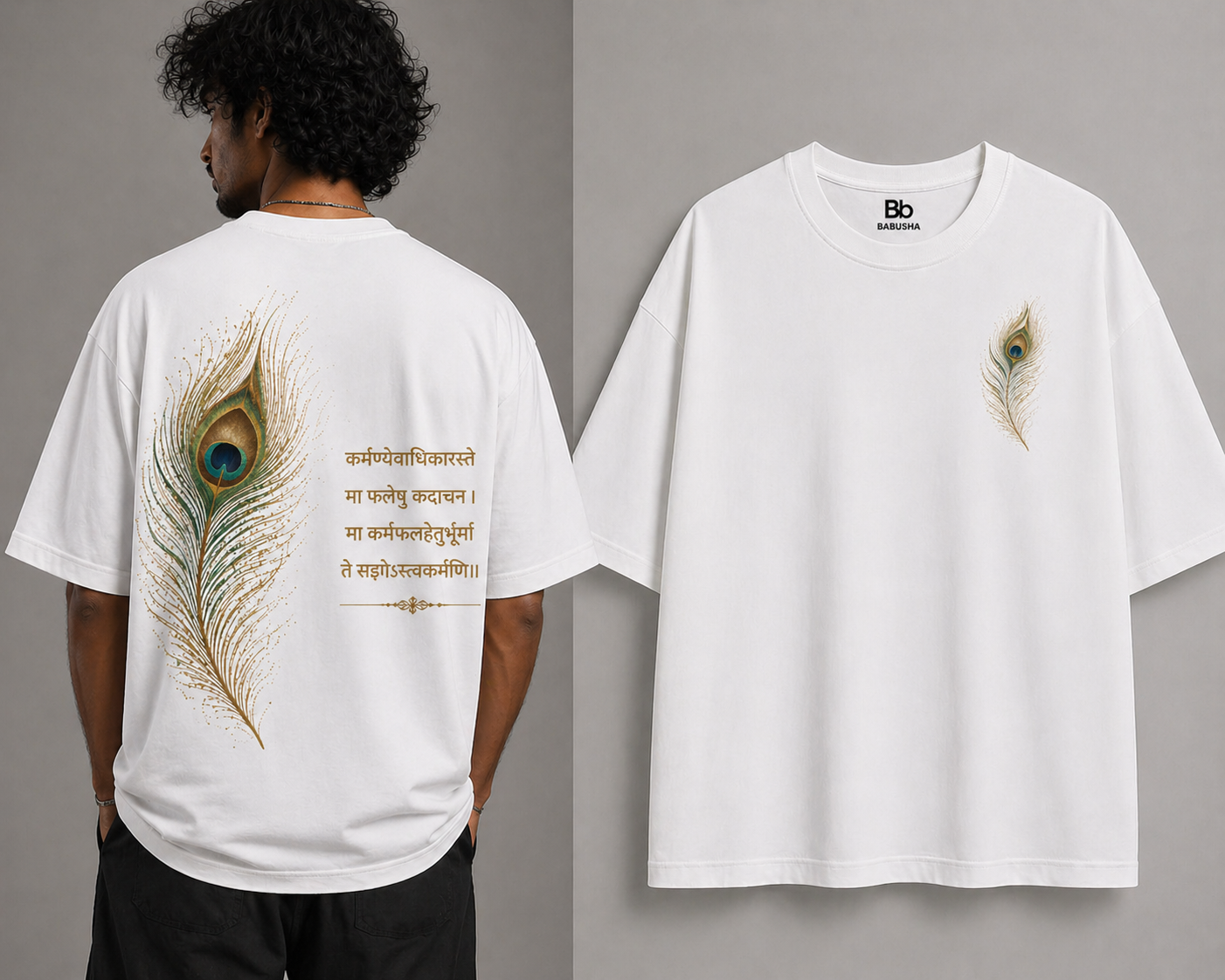 Babusha Krishna Feather Oversized Tee – Black & White Edition
